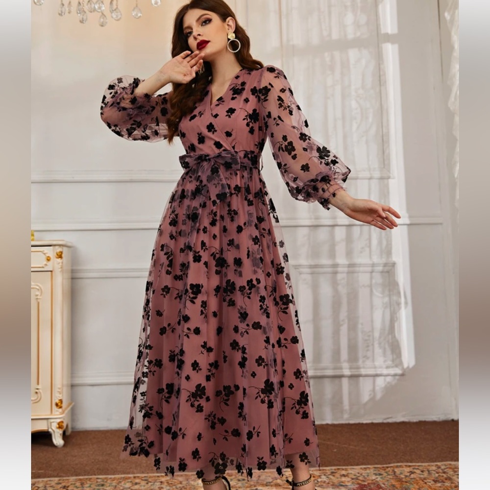 🆕 SHEIN-Floral Mesh Belted Surplice Front Dress - Picture 3 of 6
